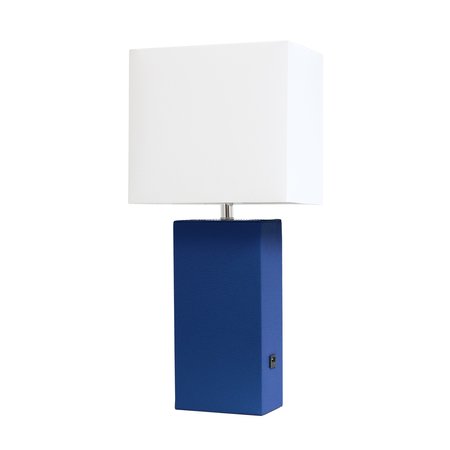 LALIA HOME 21 Leather Base Table Lamp with USB Charging Port , White Rectangular Shade, Blue LHT-3012-BL